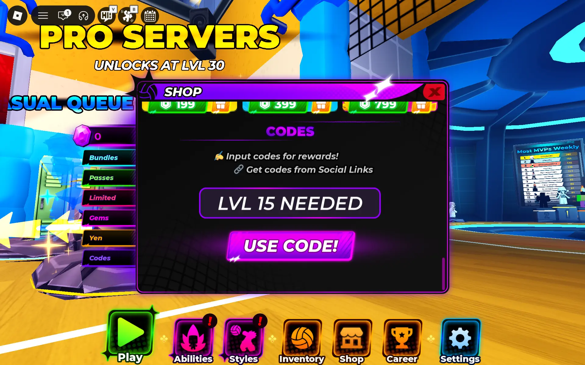 Volleyball Legends codes redeem screen